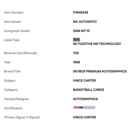 Vince Carter 1999 Skybox Premium Autographics Card