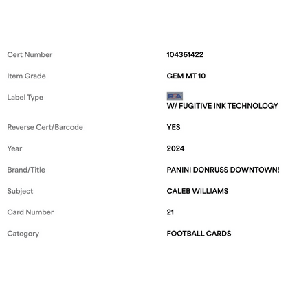 Caleb WIlliams PSA 10 2024 Panini Donruss Downtown! Rookie RC Card #21