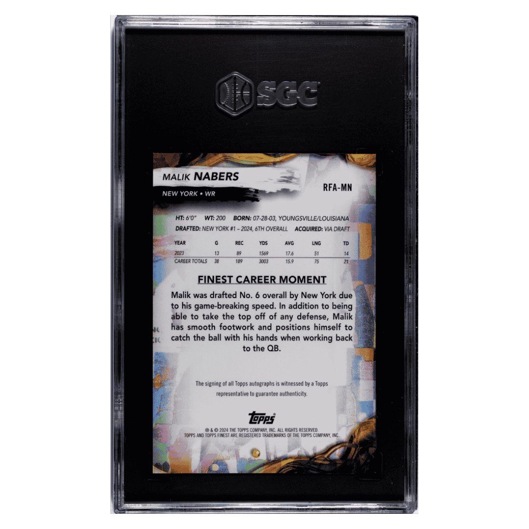 Malik Nabers SGC 10 2024 Topps Finest Rookie Autographed Card #RFA-MN