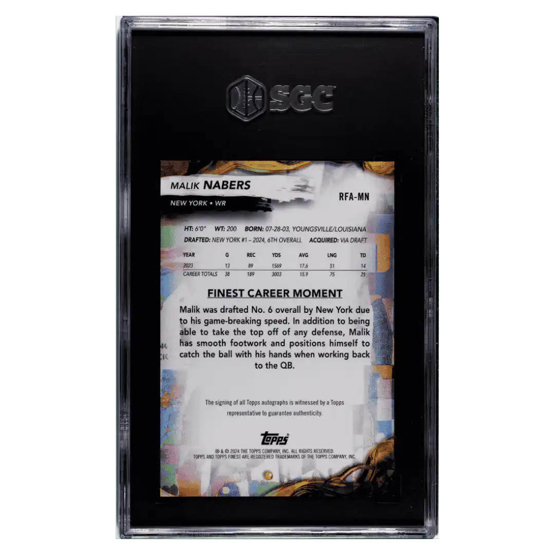 Malik Nabers SGC 10 2024 Topps Finest Rookie Autographed Card #RFA-MN