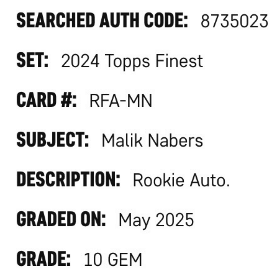 Malik Nabers SGC 10 2024 Topps Finest Rookie Autographed Card #RFA-MN