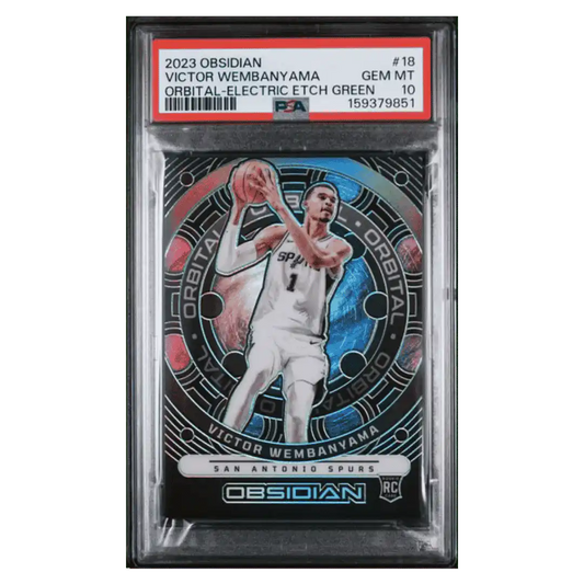 Victor Wembanyama PSA 10 2023 Panini Obsidian Orbital Electric Etch Green Rookie RC #d/ 25 Card #18