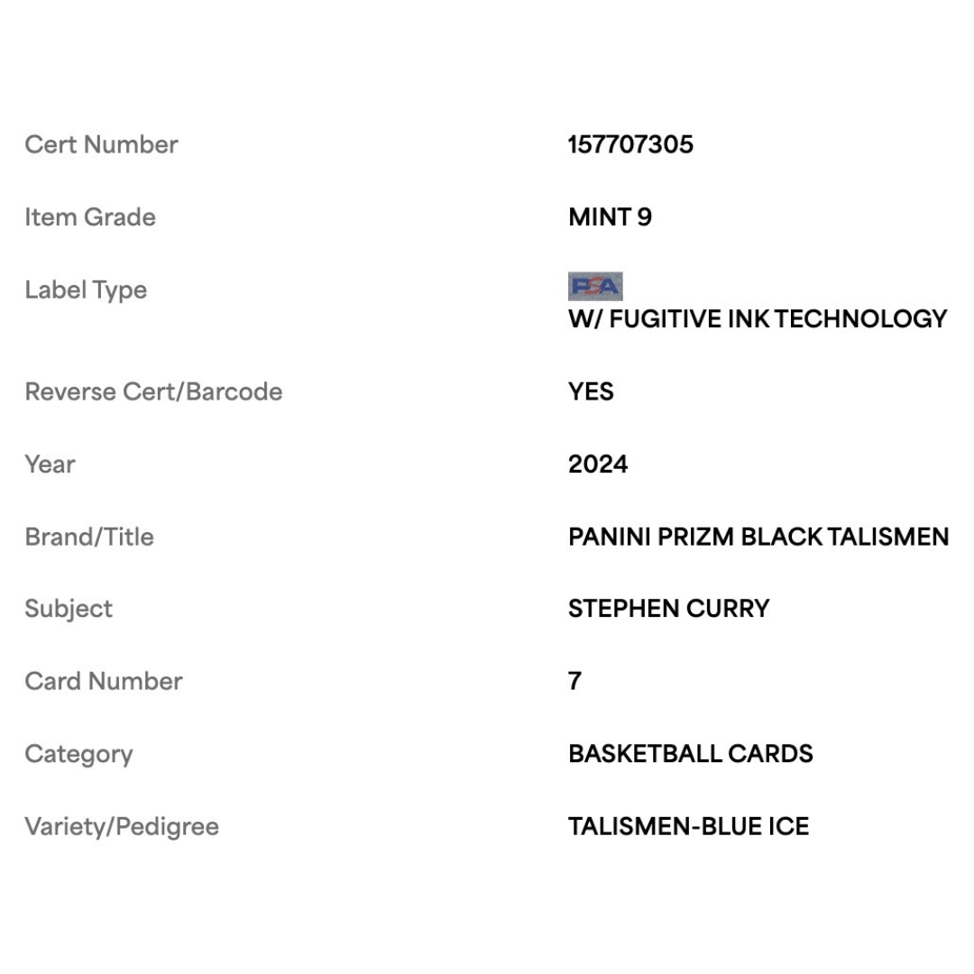 Steph Curry PSA 9 2024 Panini Prizm Black Talismen- Blue Ice Card #7