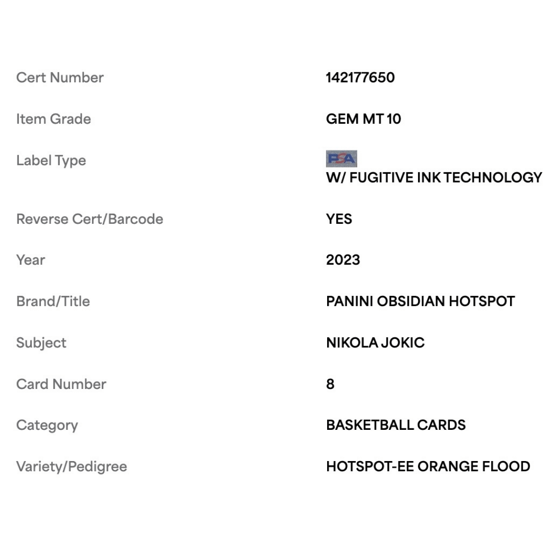 Nikola Jokic PSA 10 2023 Panini Obsidian Hotspot - EE Orange Flood #d/ 75 Card #8