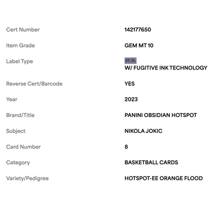 Nikola Jokic PSA 10 2023 Panini Obsidian Hotspot - EE Orange Flood #d/ 75 Card #8