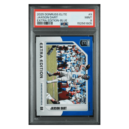 Jaxson Dart PSA 9 2025 Panini Donruss Elite Extra Edition Blue Rookie RC #d/ 75 Card #9
