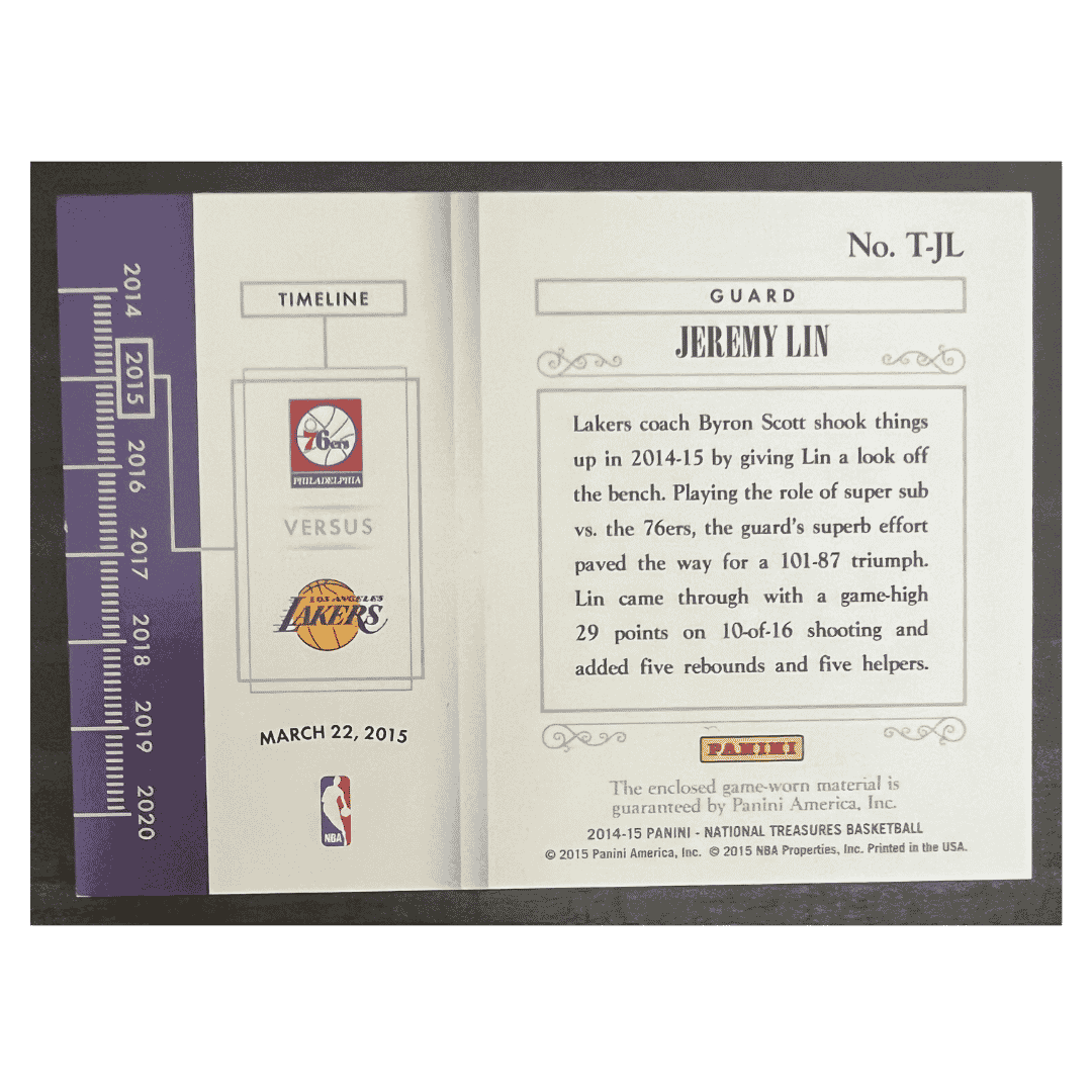 Jeremy Lin 2014-15 Panini National Treasures Timelines Game Worn Patch #20/ 20 Card #T-JL
