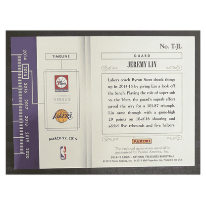 Jeremy Lin 2014-15 Panini National Treasures Timelines Game Worn Patch #20/ 20 Card #T-JL