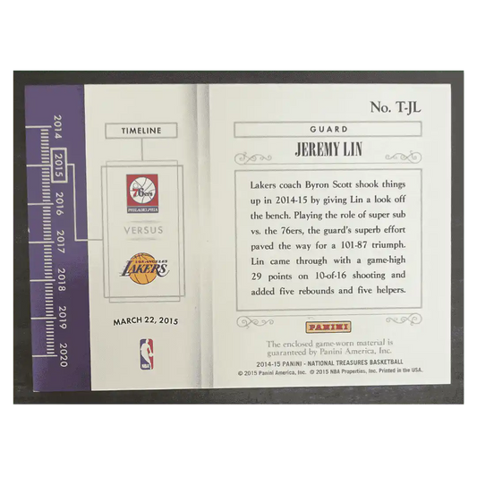 Jeremy Lin 2014-15 Panini National Treasures Timelines Game Worn Patch #20/ 20 Card #T-JL