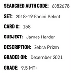 
James Harden SGC 9.5 2018-19 Panini Select Zebra Prizm Case Hit Card