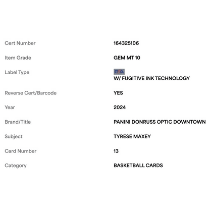 Tyrese Maxey PSA 10 2024 Panini Donruss Optic Downtown Card #13