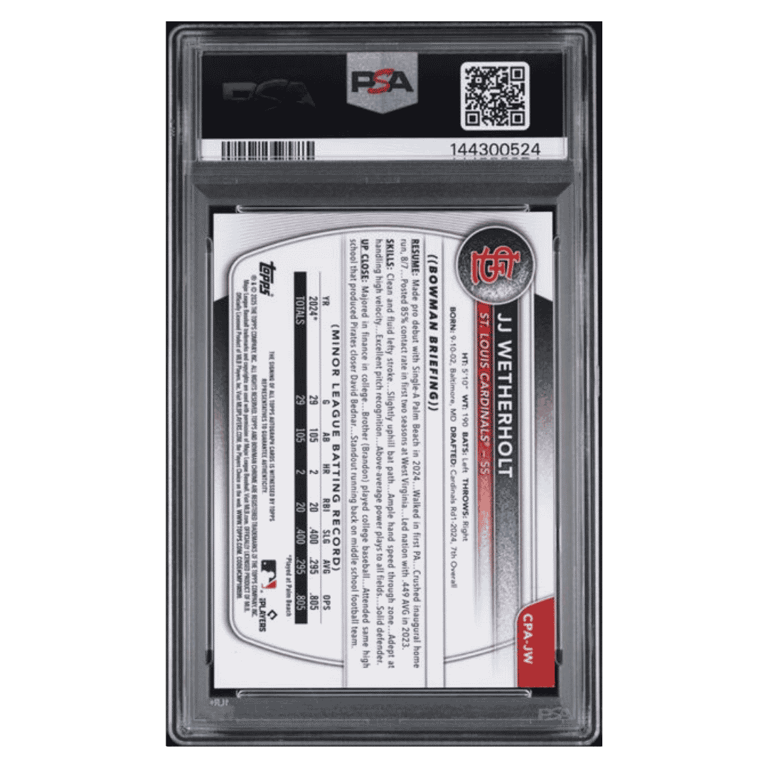 JJ Wetherholt PSA 9 2025 Topps Bowman Chrome Prospect Autograph Card #CPAJW
