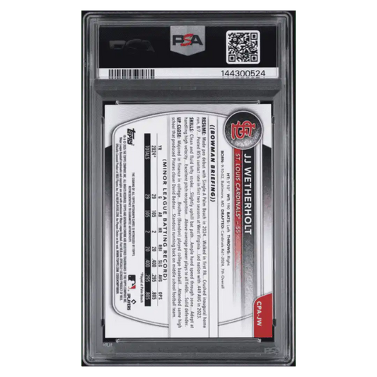 JJ Wetherholt PSA 9 2025 Topps Bowman Chrome Prospect Autograph Card #CPAJW