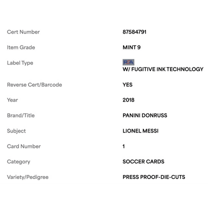 Lionel Messi PSA 9 2018 Panini Donruss Press Proof Die Cuts #d/ 100 Card #1