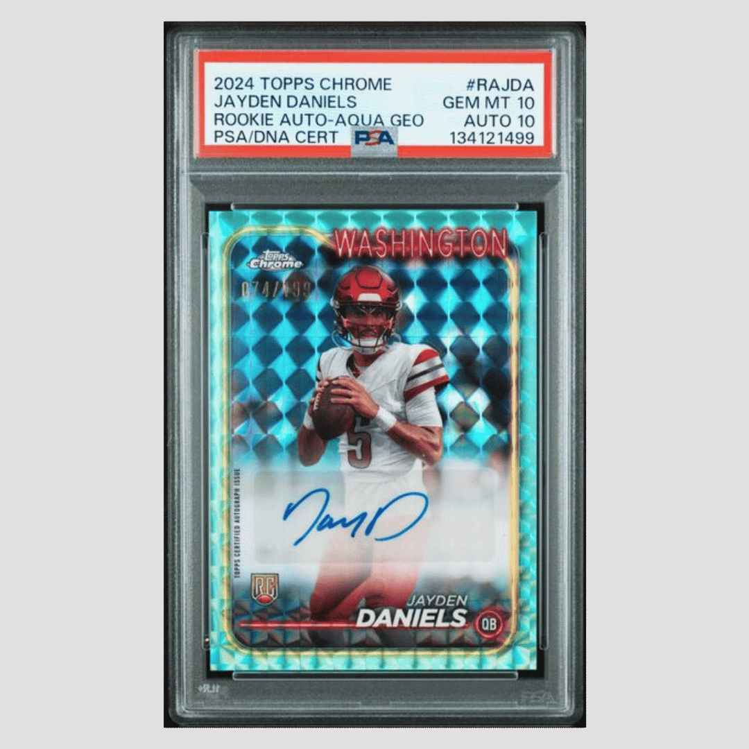 Jayden Daniels PSA 10 2024 Topps Chrome Rookie Autograph Aqua Geo Rookie RC #d/ 199 Card #RAJDA