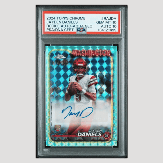 Jayden Daniels PSA 10 2024 Topps Chrome Rookie Autograph Aqua Geo Rookie RC #d/ 199 Card #RAJDA