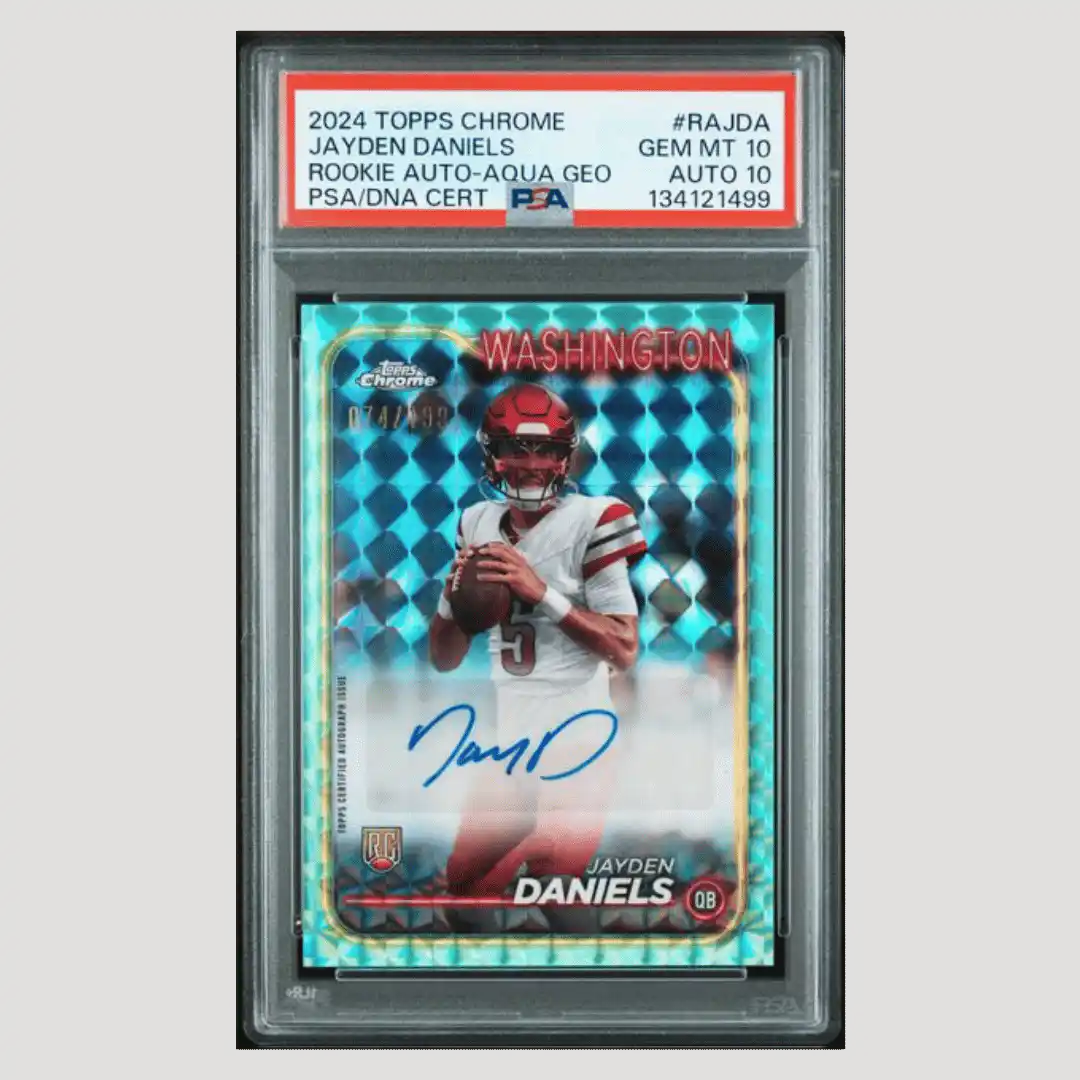 Jayden Daniels PSA 10 2024 Topps Chrome Rookie Autograph Aqua Geo Rookie RC #d/ 199 Card #RAJDA