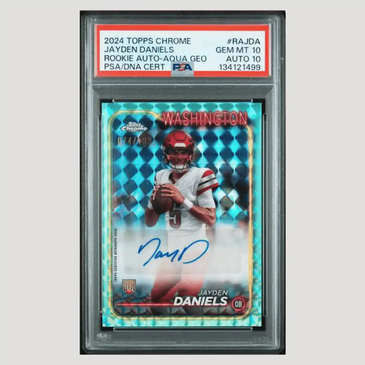 Jayden Daniels PSA 10 2024 Topps Chrome Rookie Autograph Aqua Geo Rookie RC #d/ 199 Card #RAJDA