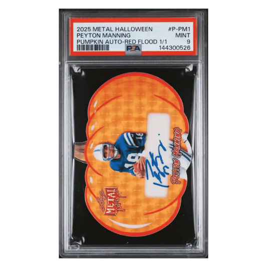 Peyton Manning PSA 9 2025 Leaf Metal Halloween Pumpkin Autograph Red Flood #1/ 1 Card #P-PM1