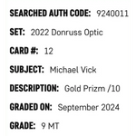 
Michael Vick SGC 9 2022 Panini Donruss Optic Gold Prizm