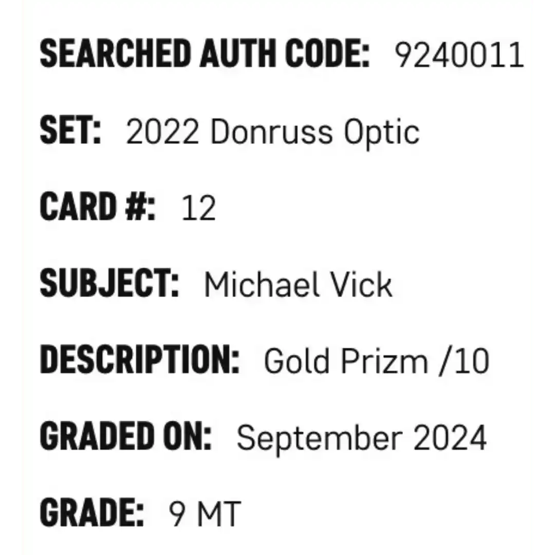 Michael Vick SGC 9 2022 Panini Donruss Optic Gold Prizm #d/ 10 Card #12