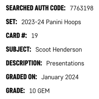 Scoot Henderson SGC 10 2023-24 Panini Hoops Presentations Card #19