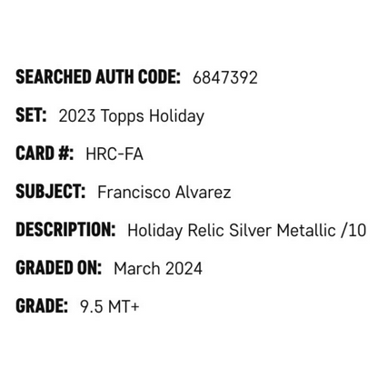 Francisco Alvarez SGC 9.5 2023 Topps Holiday Relic Silver Metallic #d/ 10 Card #HRCFA