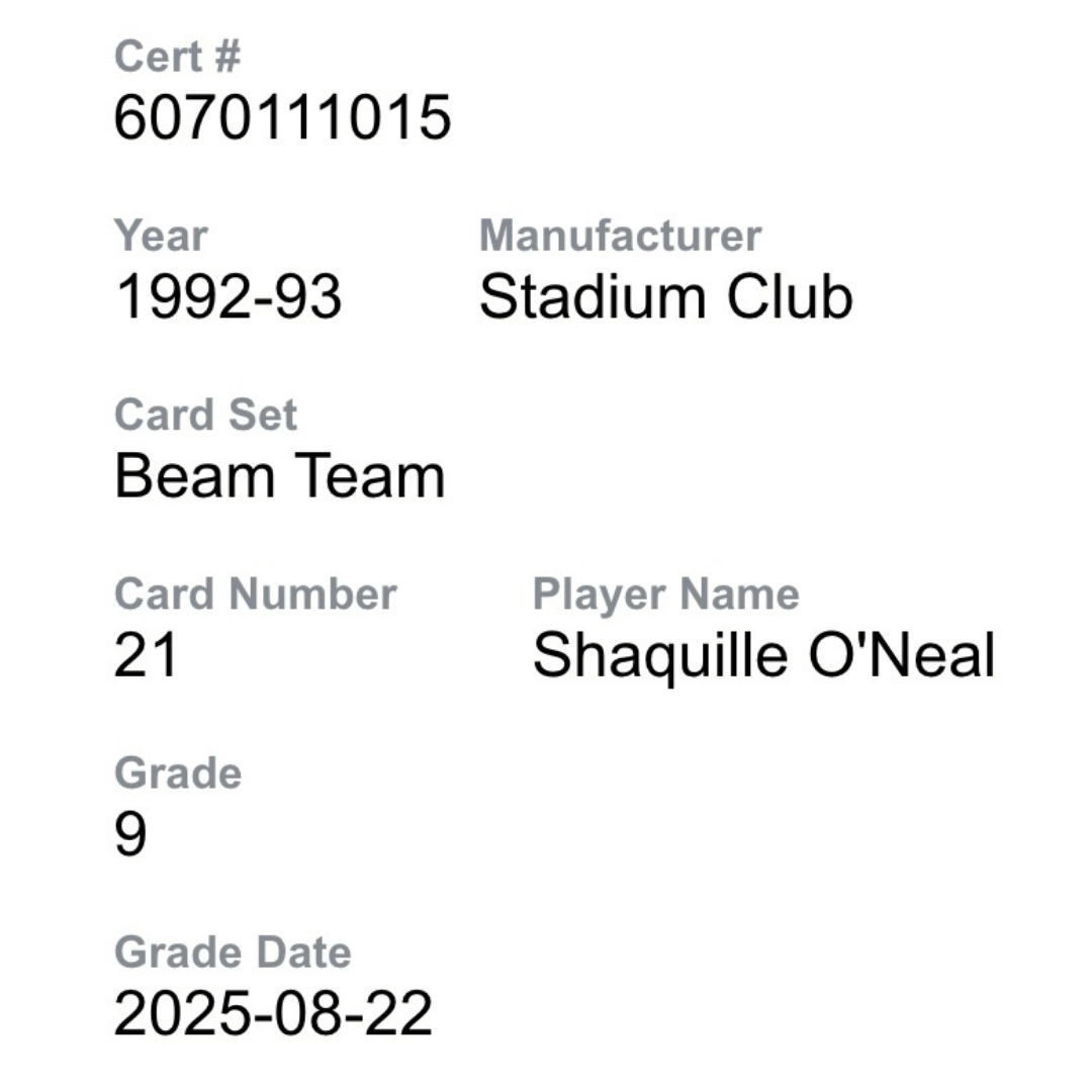 Shaquille O'Neal CGC 9 1992-93 Stadium Club Beam Team Rookie RC Card #21