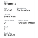 
Shaquille O'Neal CGC 9 1992-93 Stadium Club Beam Team Rookie RC Card