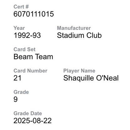 Shaquille O'Neal CGC 9 1992-93 Stadium Club Beam Team Rookie RC Card #21