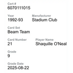 
Shaquille O'Neal CGC 9 1992-93 Stadium Club Beam Team Rookie RC Card
