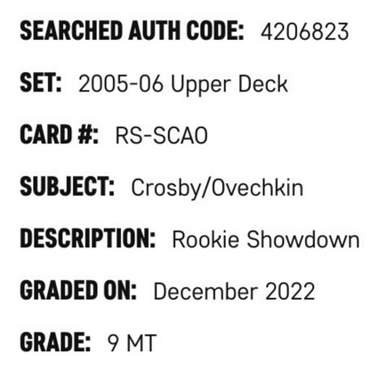 Alexander Ovechkin/ Sidney Crosby SGC 9 2005-06 Upper Deck Rookie Showdown Fleer Card #RS-SCAO