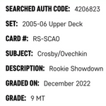 
Alexander Ovechkin/ Sidney Crosby SGC 9 2005-06 Upper Deck Rookie Showdown Fleer Card