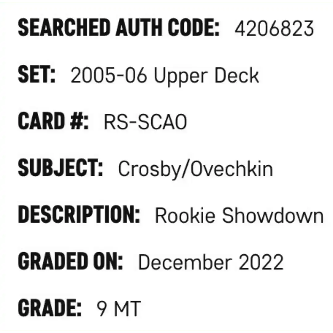 Alexander Ovechkin/ Sidney Crosby SGC 9 2005-06 Upper Deck Rookie Showdown Fleer Card #RS-SCAO