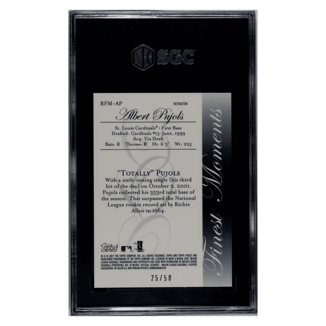 Albert Pujols SGC 9 2007 Topps Finest Moments Gold Refractor #d/ 50 Card #RFM-AP