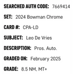 
Leo De Vries SGC 8.5 2024 Bowman Chrome Prospect Autograph Card