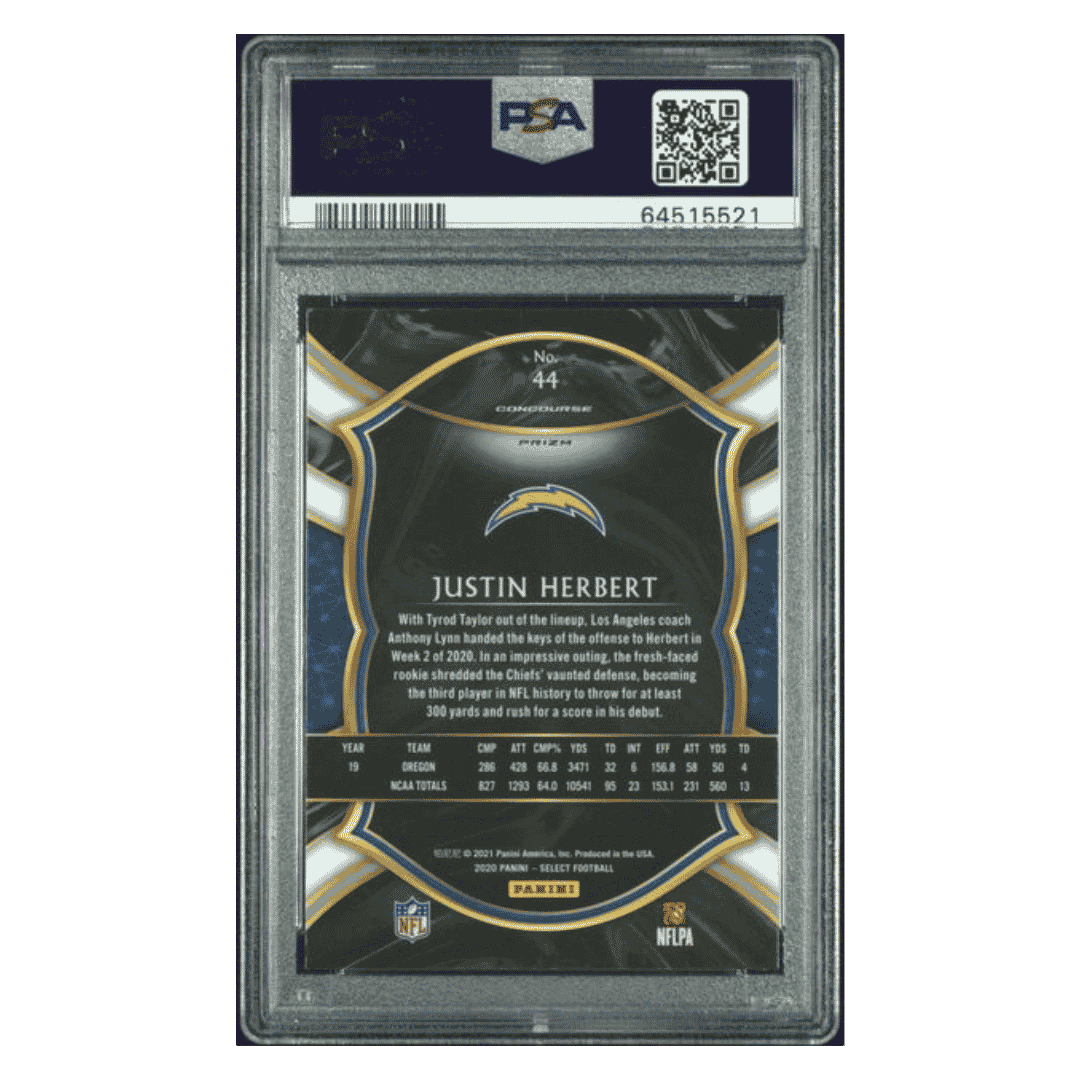 Justin Herbert PSA 10 2020 Panini Select Silver Prizm Rookie RC Card #44
