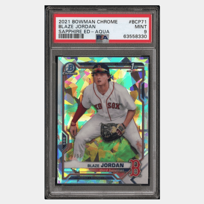 Blaze Jordan PSA 9 2021 Bowman Chrome Sapphire Edition Aqua #d/ 99 Card #BCP71