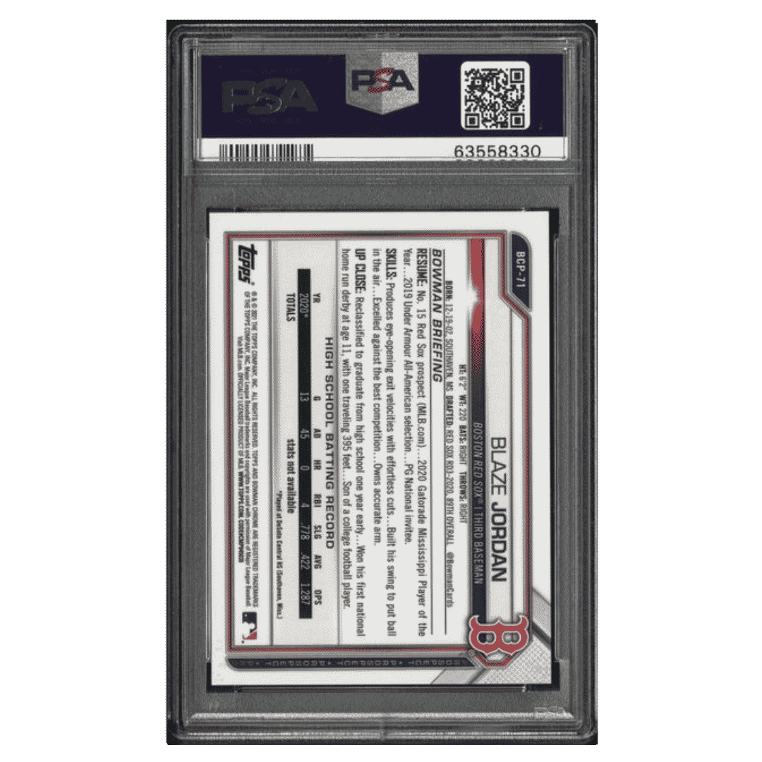 Blaze Jordan PSA 9 2021 Bowman Chrome Sapphire Edition Aqua #d/ 99 Card #BCP71