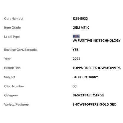 Steph Curry PSA 10 2024 Topps Finest Showstoppers Gold Geo #d/ 50 Card #S3