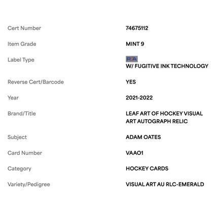 Adam Oates PSA 9 2021 Leaf Art of Hockey Visual Art Autograph Relic Emerald #1/ 3 Card #VAAO1