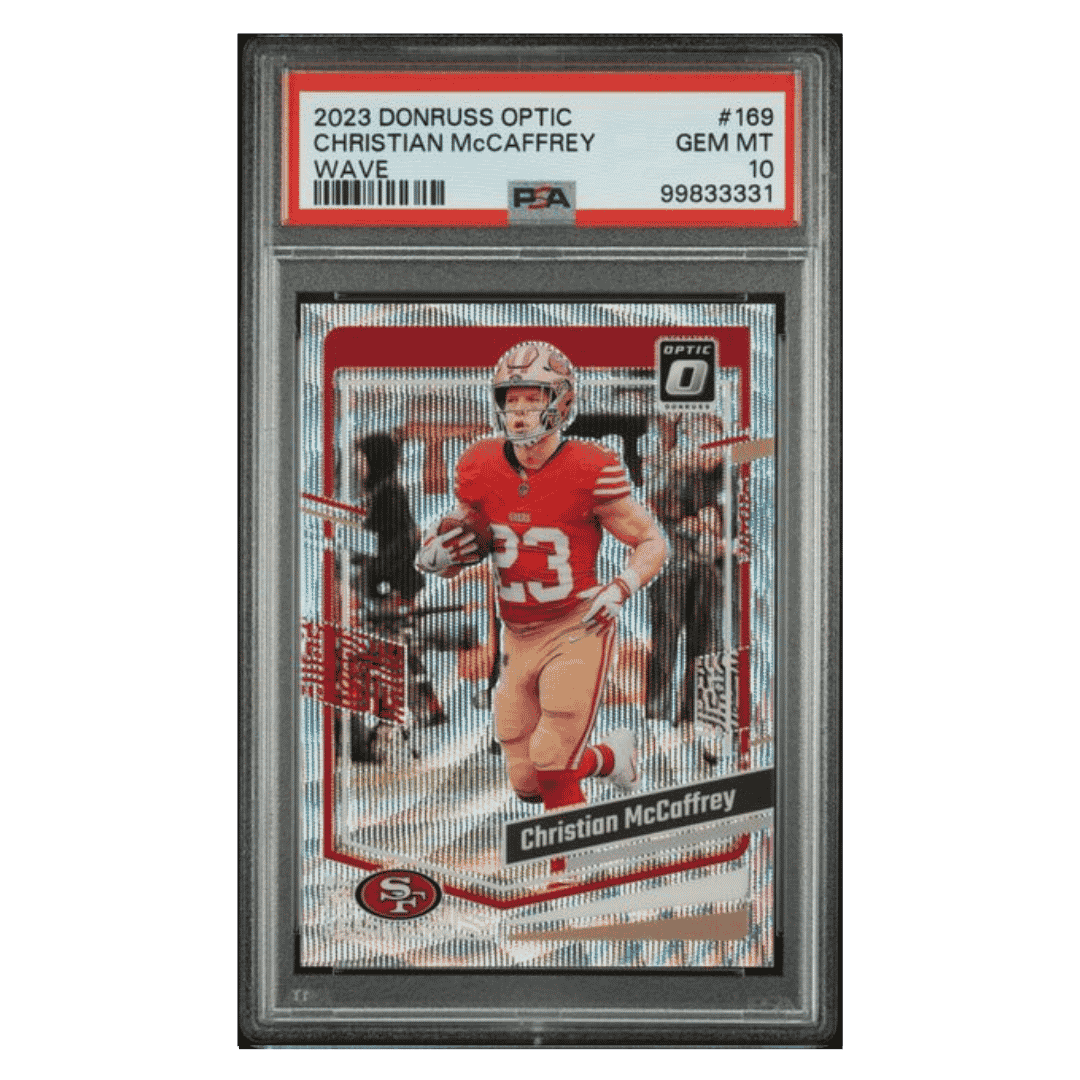 Christian McCaffrey PSA 10 2023 Panini Donruss Optic Wave #d/ 300 Card #169