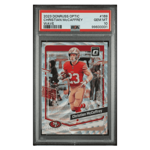 Christian McCaffrey PSA 10 2023 Panini Donruss Optic Wave #d/ 300 Card #169