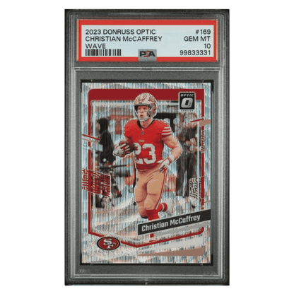 Christian McCaffrey PSA 10 2023 Panini Donruss Optic Wave #d/ 300 Card #169