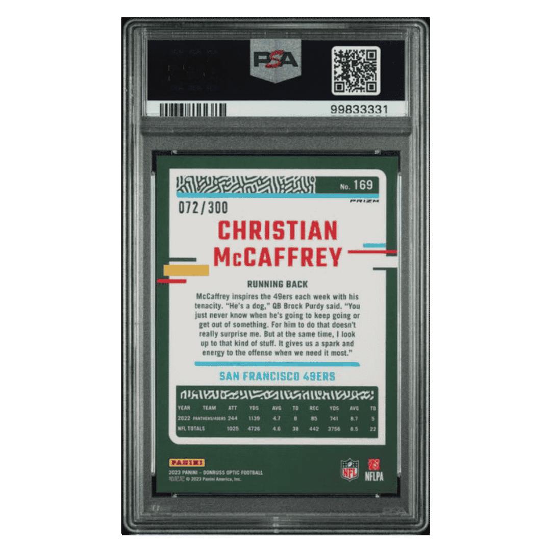 Christian McCaffrey PSA 10 2023 Panini Donruss Optic Wave #d/ 300 Card #169