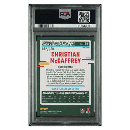 Christian McCaffrey PSA 10 2023 Panini Donruss Optic Wave #d/ 300 Card #169