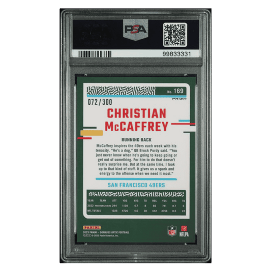 Christian McCaffrey PSA 10 2023 Panini Donruss Optic Wave #d/ 300 Card #169