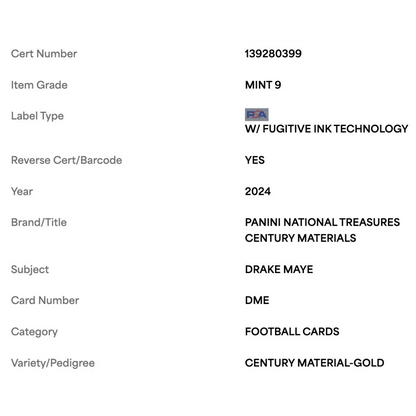 Drake Maye PSA 9 2024 Panini National Treasures Century Material Gold Rookie RC #d/ 49 Card #DME