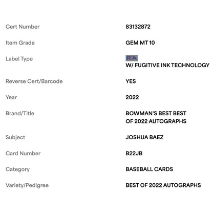 Joshua Baez PSA 10 2022 Bowmans Best Best of 2022 Autographs Card #B22JB