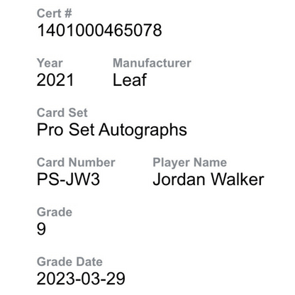 Jordan Walker CSG 9 2021 Leaf Pro Set Autographs Card #PS-JW3